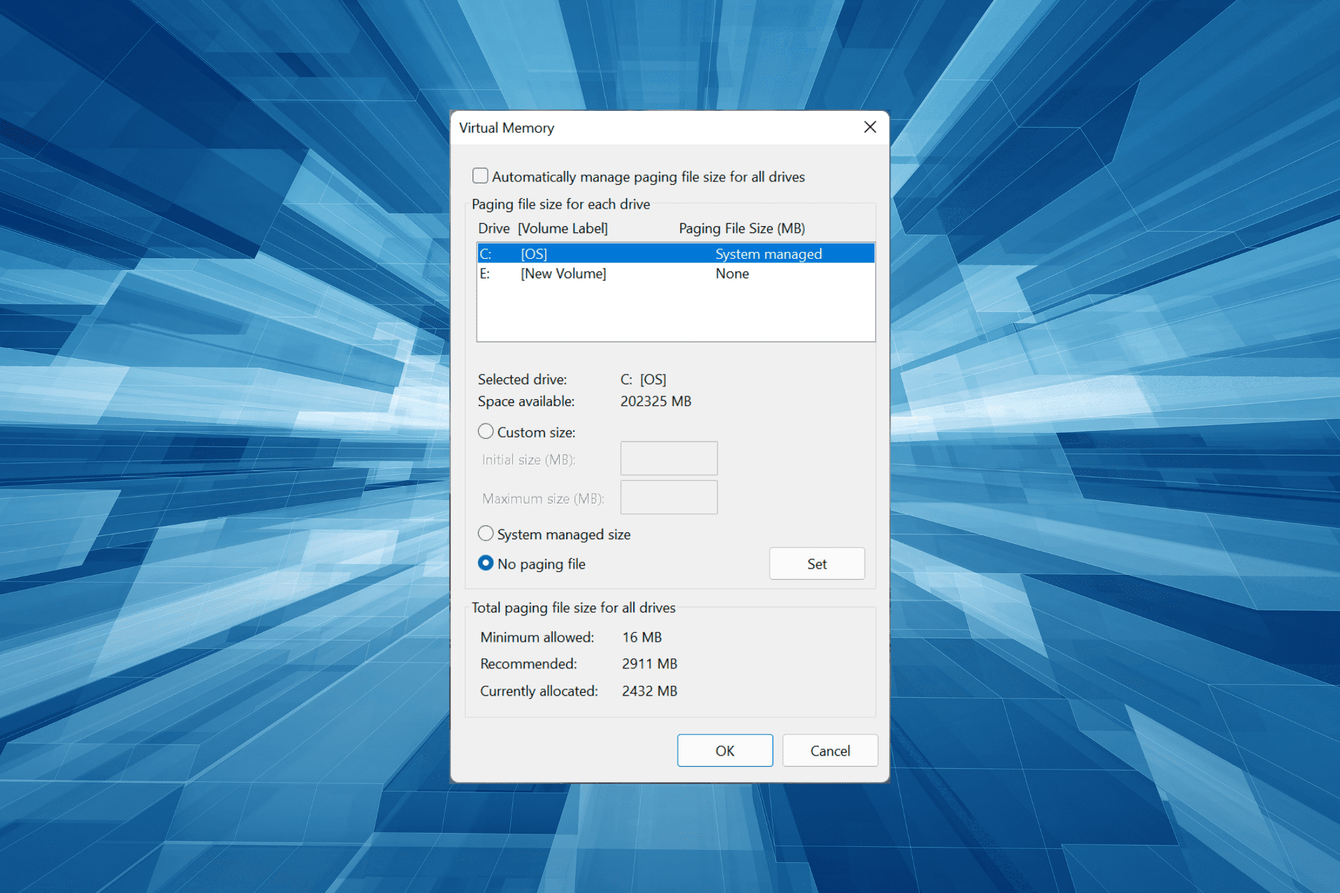 Reset virtual memory or page file in Windows 11