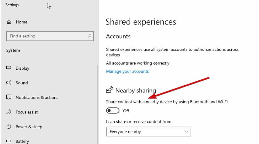 how to disable shared experiences windows 10 toggle