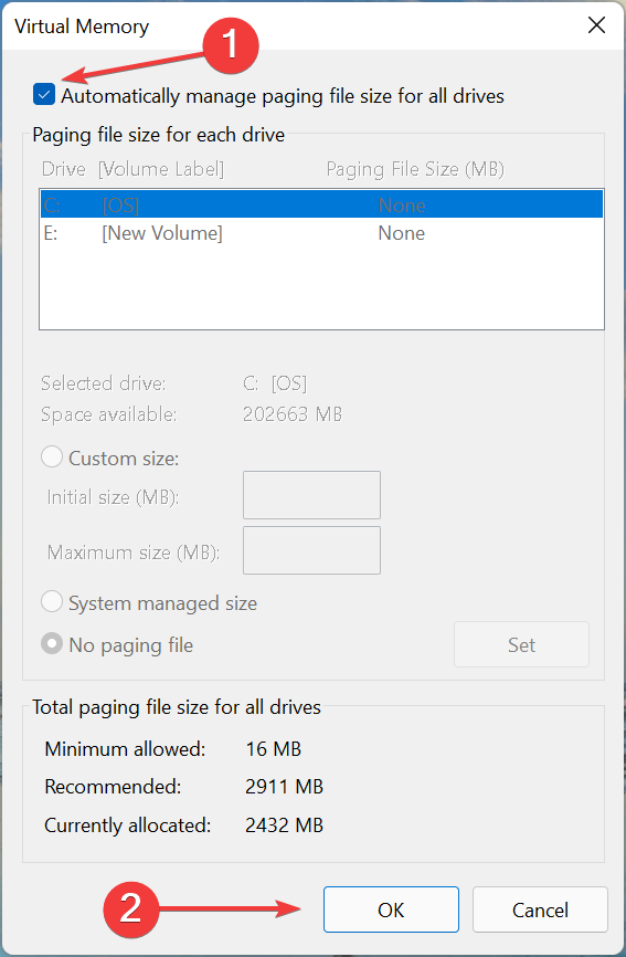 Tick checkbox for automatically manage paging file size for all drives