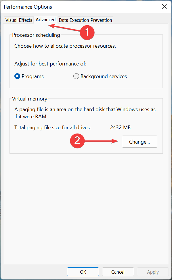 Change to reset virtual memory Windows 11