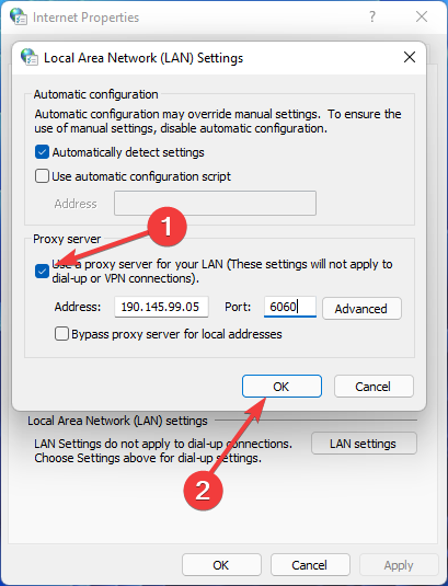 Uncheck Use a proxy server for your LAN