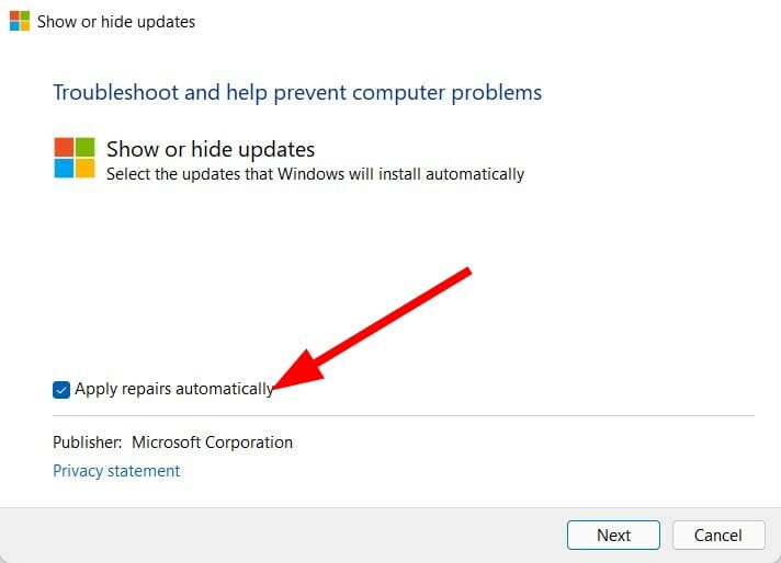 apply repairs automatically windows 11 update error