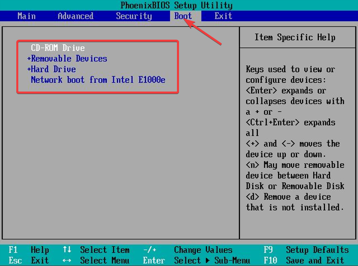 boot tab in bios settings