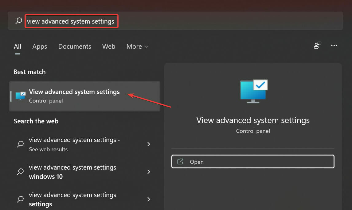 View advanced system settings to reset virtual memory in Windows 11
