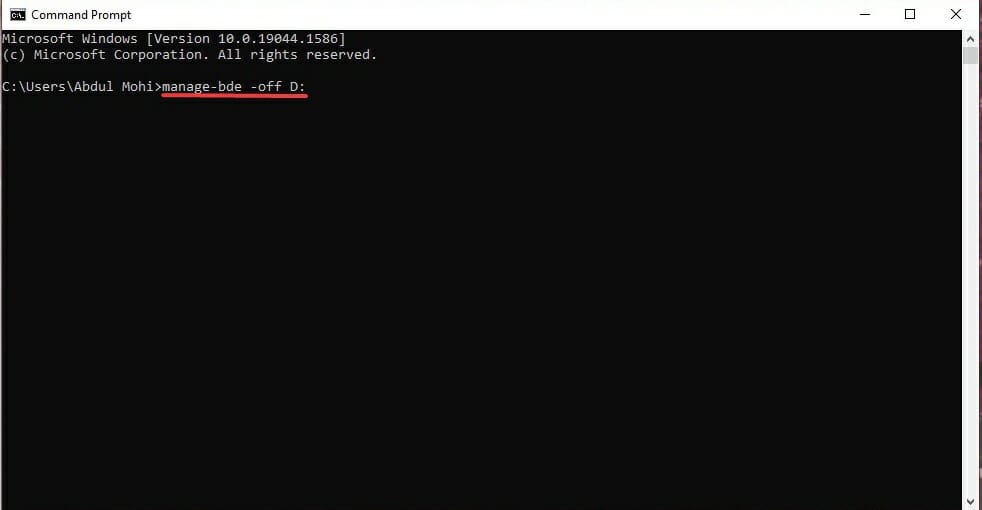 Disabling BitLocker using Command Prompt