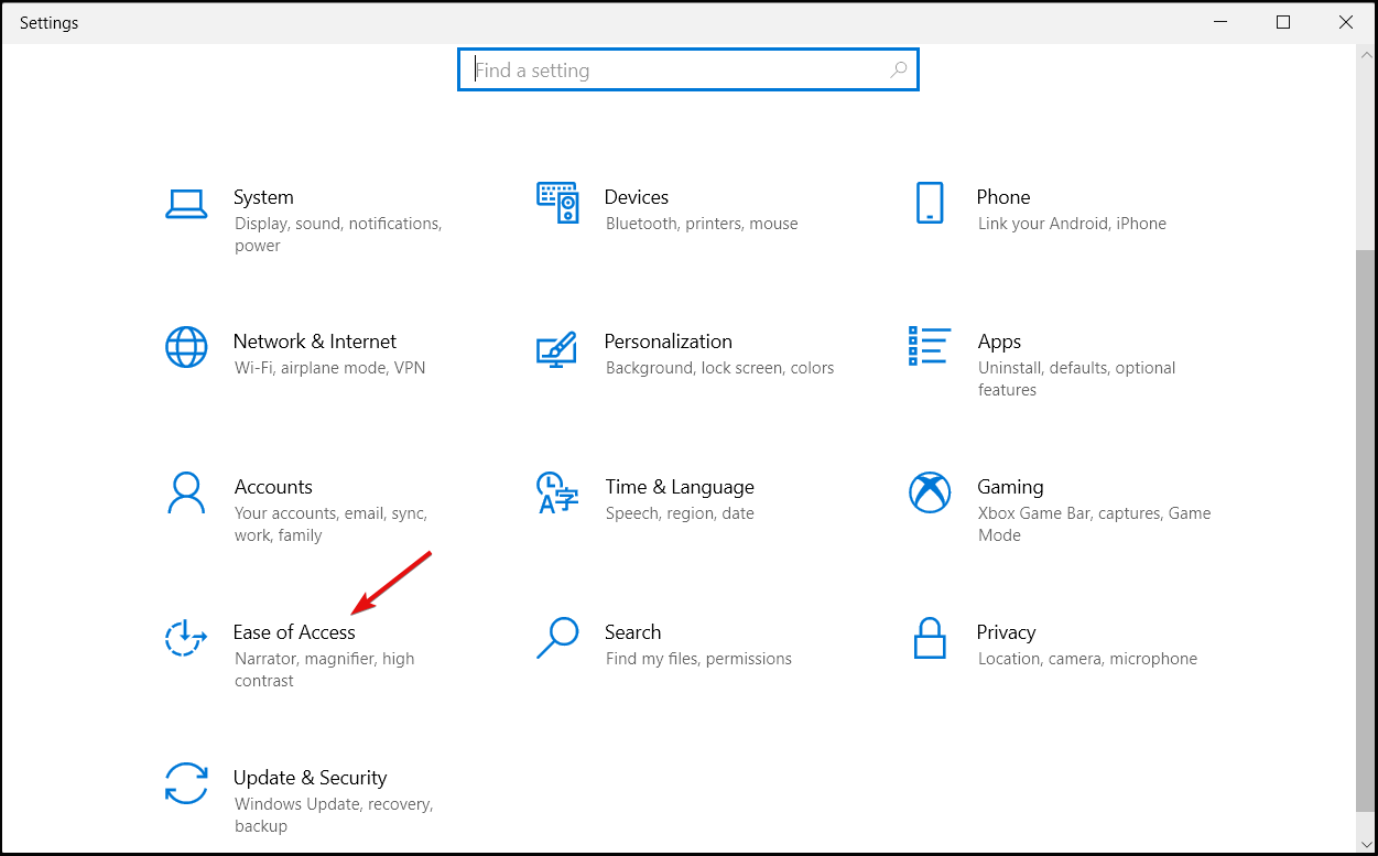ease of access windows 10 settings