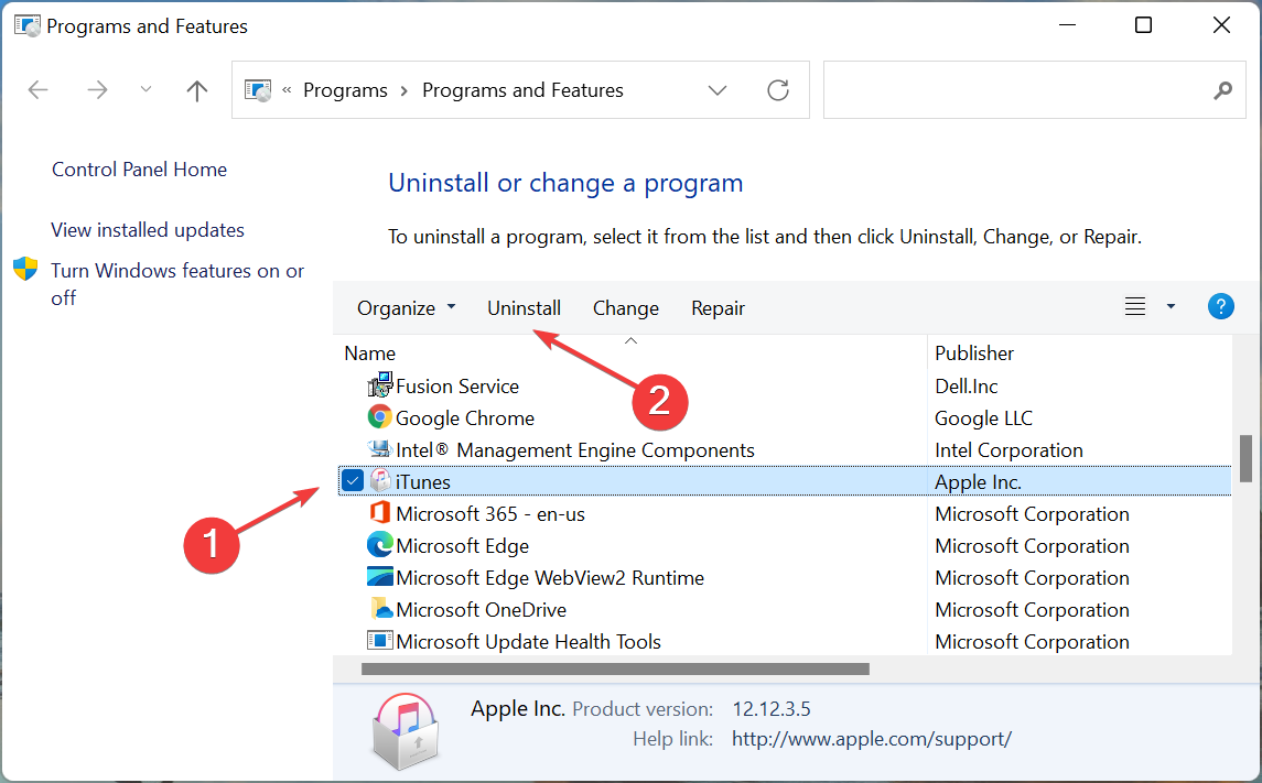 Uninstall iTunes to fix itunes not opening windows 11