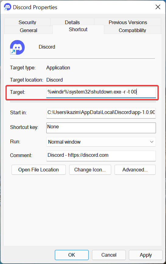 Change target text field to create Windows 11 error pranks