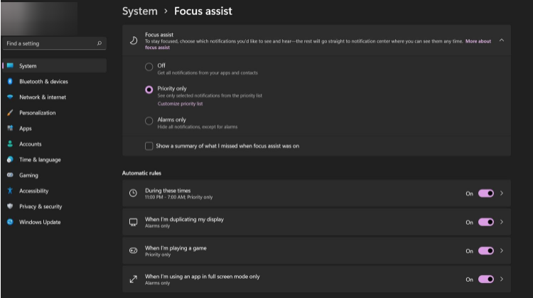 focus assist windows 11 tweaks