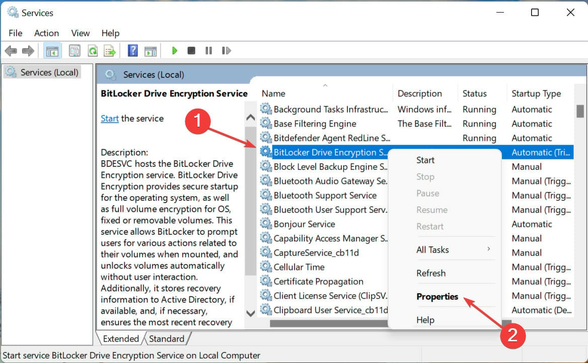 Bitlocker service to fix Failed to open BitLocker control panel tool Windows 11