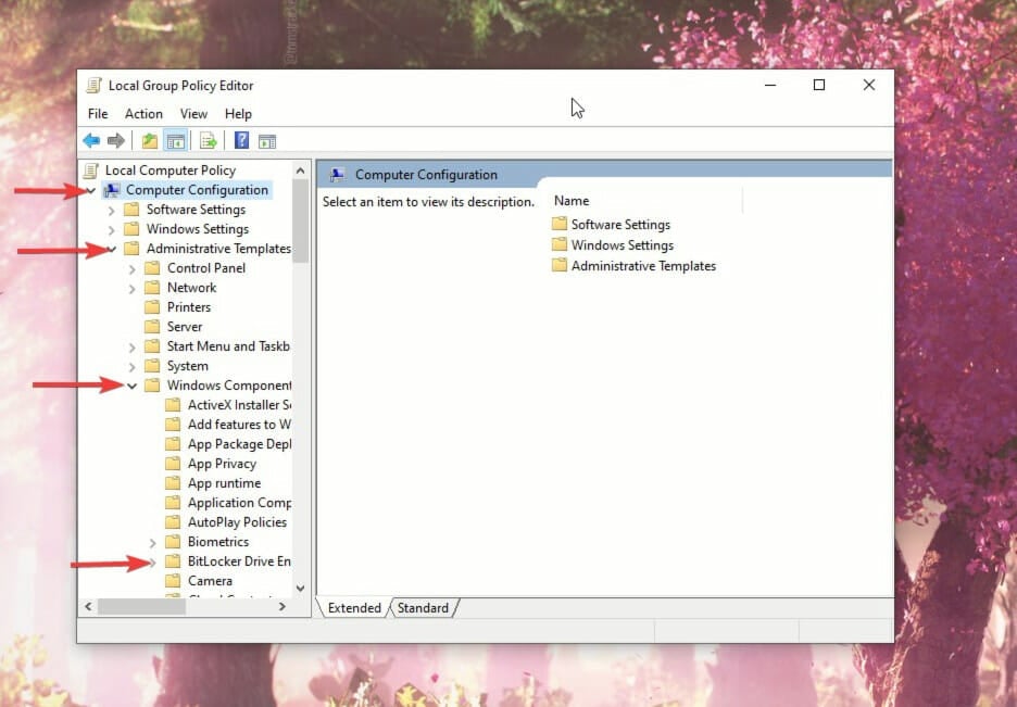 Navigating to BitLocker drive in group policy editor