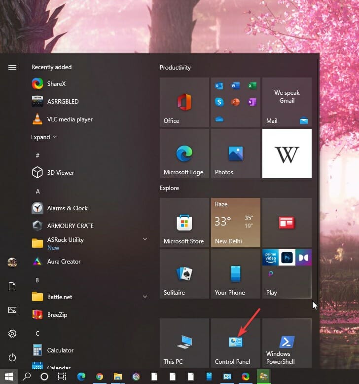 Opening control panel from start menu