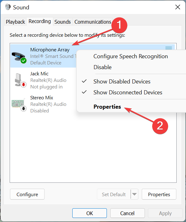 Microphone properties to fix discord mic not working windows 11