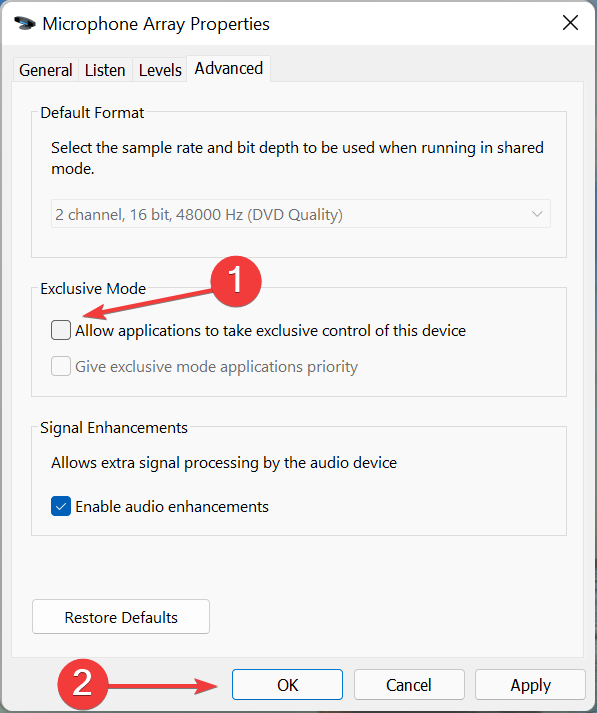 Disable Exclusive mode to fix discord mic not working windows 11