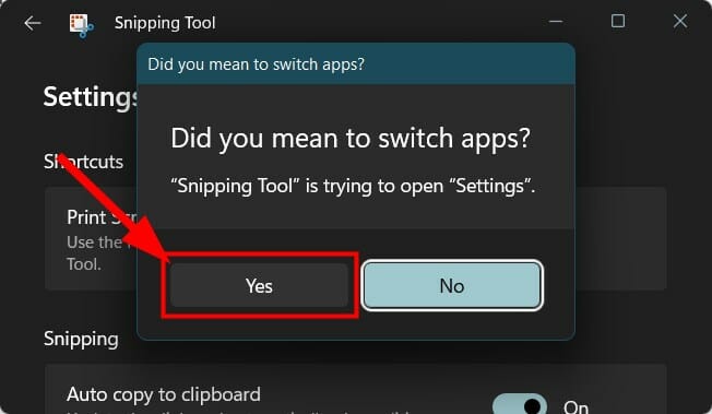 snipping tool yes to proceed