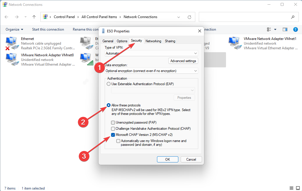 tick the Microsoft-CHAP Version 2 box to fix L2TP error in Windows 11