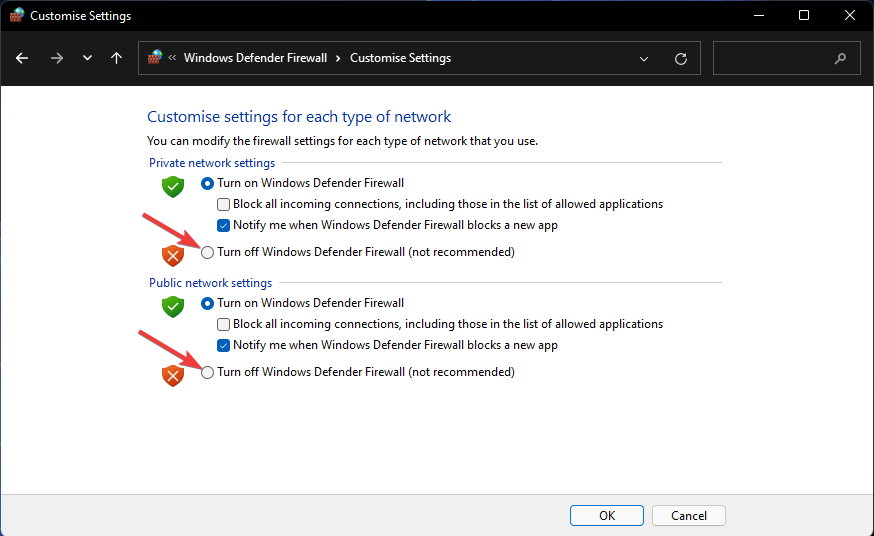 The Turn off Windows Defender Firewall option windows 11 activation error 0x87e10bc6