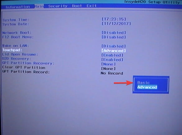 Acer touchpad Basic option in BIOS