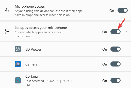 Enable Let apps access your Microphone