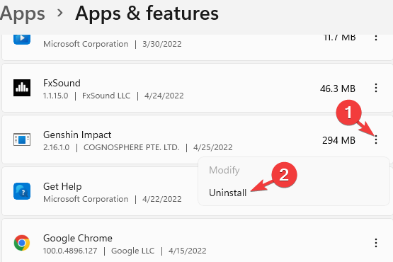 Uninstall Genshin Impact in Apps & features