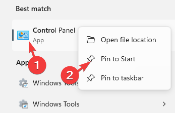 right click on Control Panel and select Pin to Start