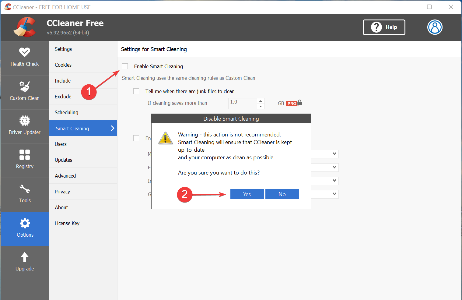 Disable smart cleaning to fix ccleaner keeps disappearing