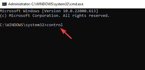 Run command control in command prompt (admin) and hit enter