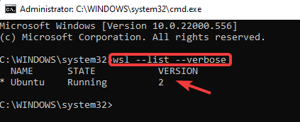 Run command to check WSL version in cmd