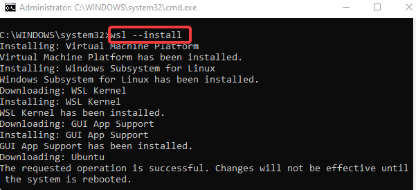 Run command to install WSL