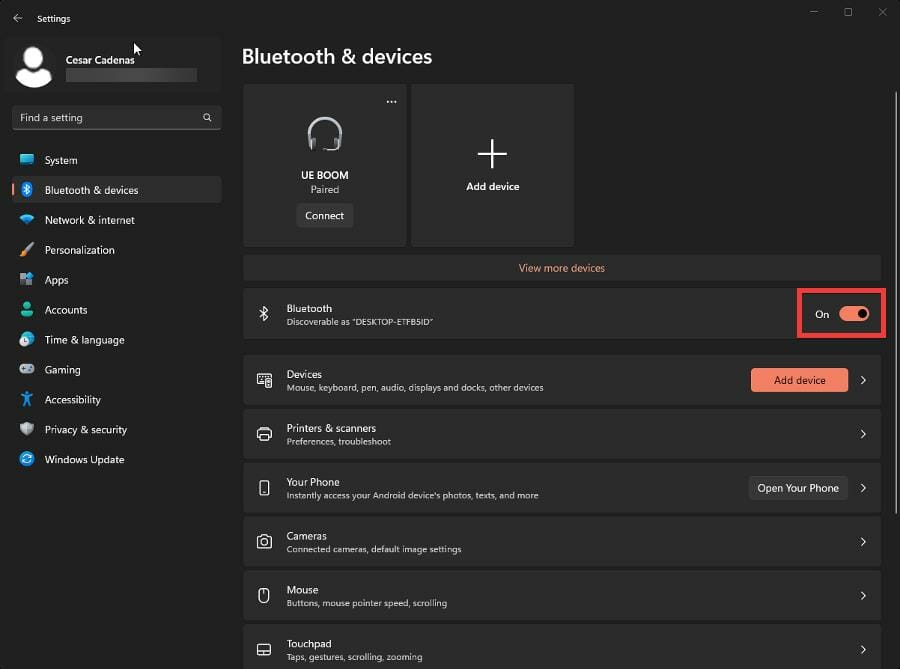 enable Bluetooth by clicking the switch On