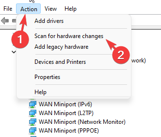 Click on Action tab andd select Scan for hardware changes