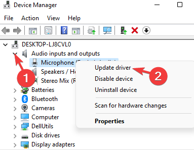 Update driver for microphone in Device Manager