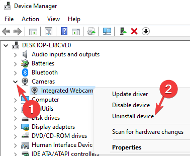 Right click on Integrated webcam and select uninstall device
