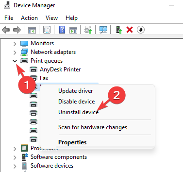 Right click on HP scanner device in Print queues in Device Manager and select Uninstall device