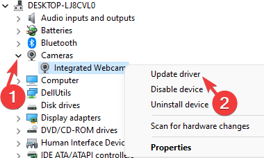 Right click on Integrated webcam in Device Manager and select Update drivers