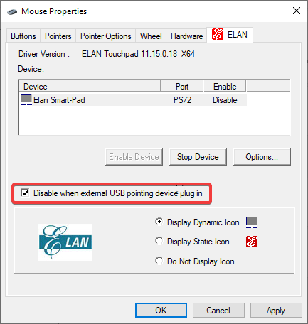 Disable when external USB pointing device plug in