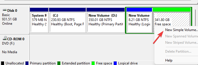Right click on free space and click on New simple volume