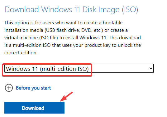 select Windows 11 (multi-edition ISO) - click to download