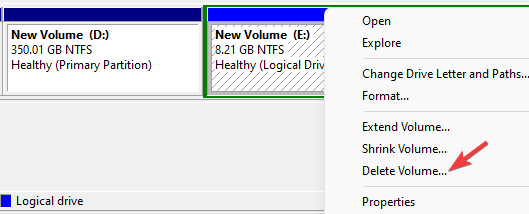 Right lick on unused partition and select Delete volume