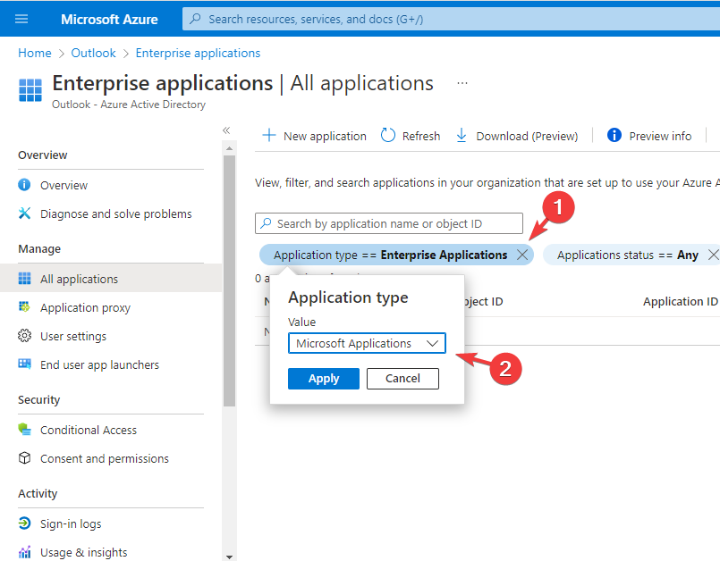 select Microsoft Applications from the applications type field