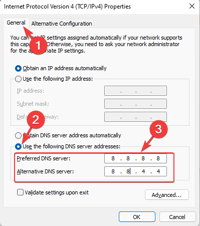 Enter DNS server addresses in Properties