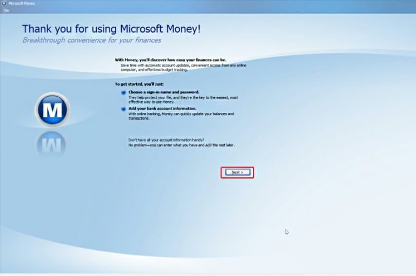  Launching Microsoft Money step 2