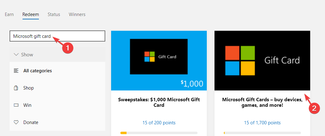 search for Microsoft gift card and click to open