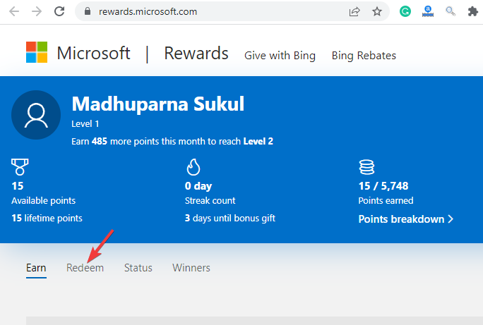Select Redeem tab in Microsoft Rewards