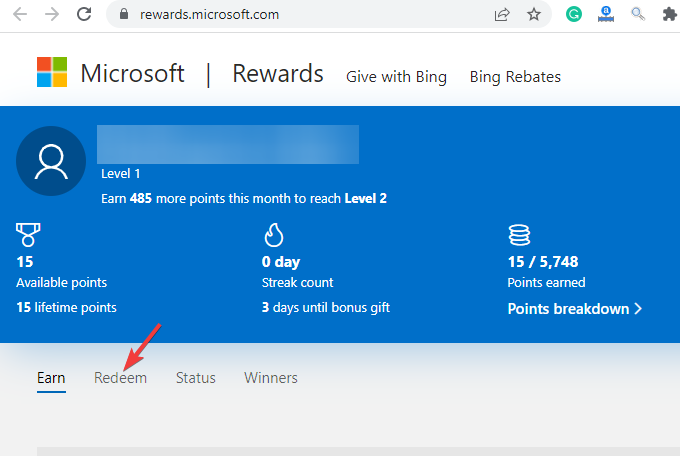 Click on Redeem tab in Microsoft Rewards page