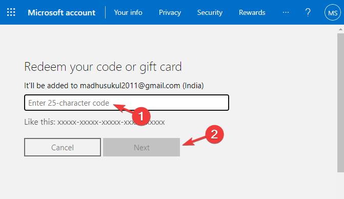 Redeem code on microsoft gift card redemption page
