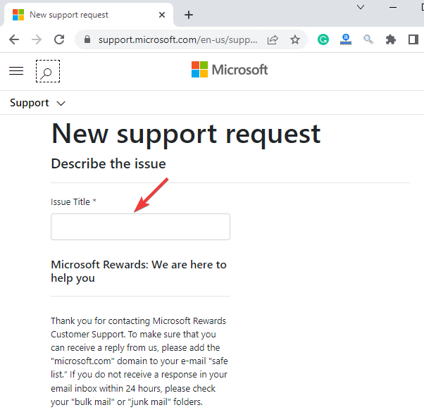 Enter the issue title in Microsoft Rewards support page