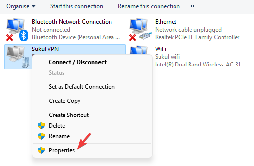 Right-click on VPN in Network Connections and select Properties