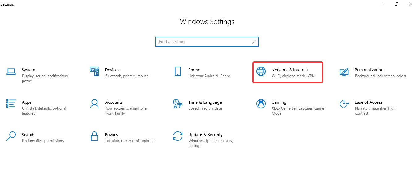 Network and internet option on Windows 10