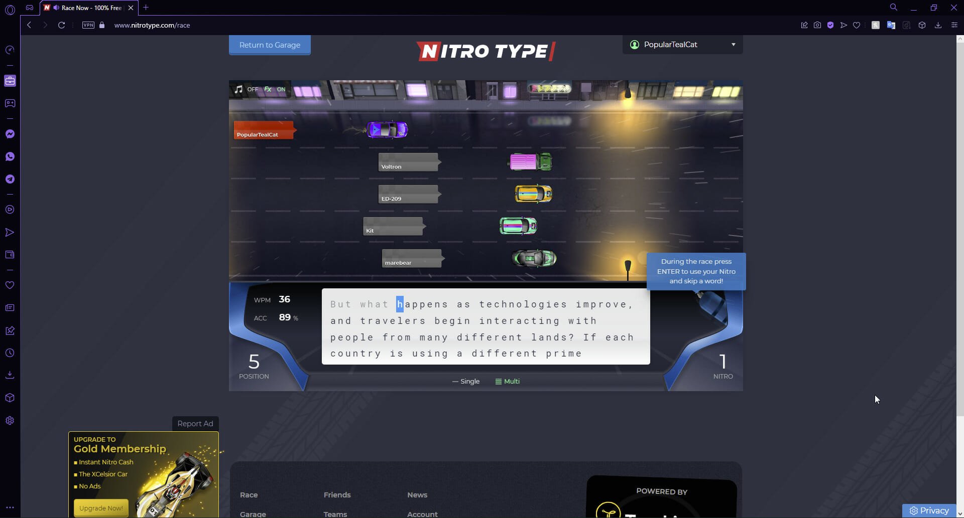 Nitro Type browser game.
